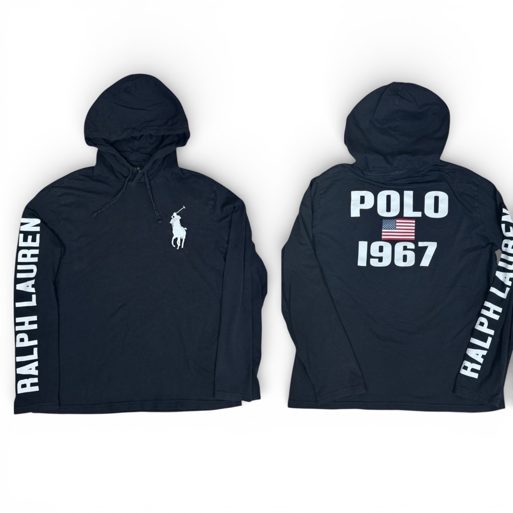 Polo Ralph Lauren Hooded T-Shirt Mens M Black Embroidered‎ Big Pony USA Graphic